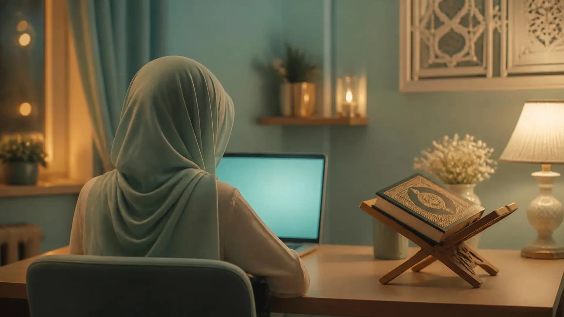 A young girl in a headscarf seen from behind at a laptop in an online Quran lesson, a Mushaf on a stand beside her