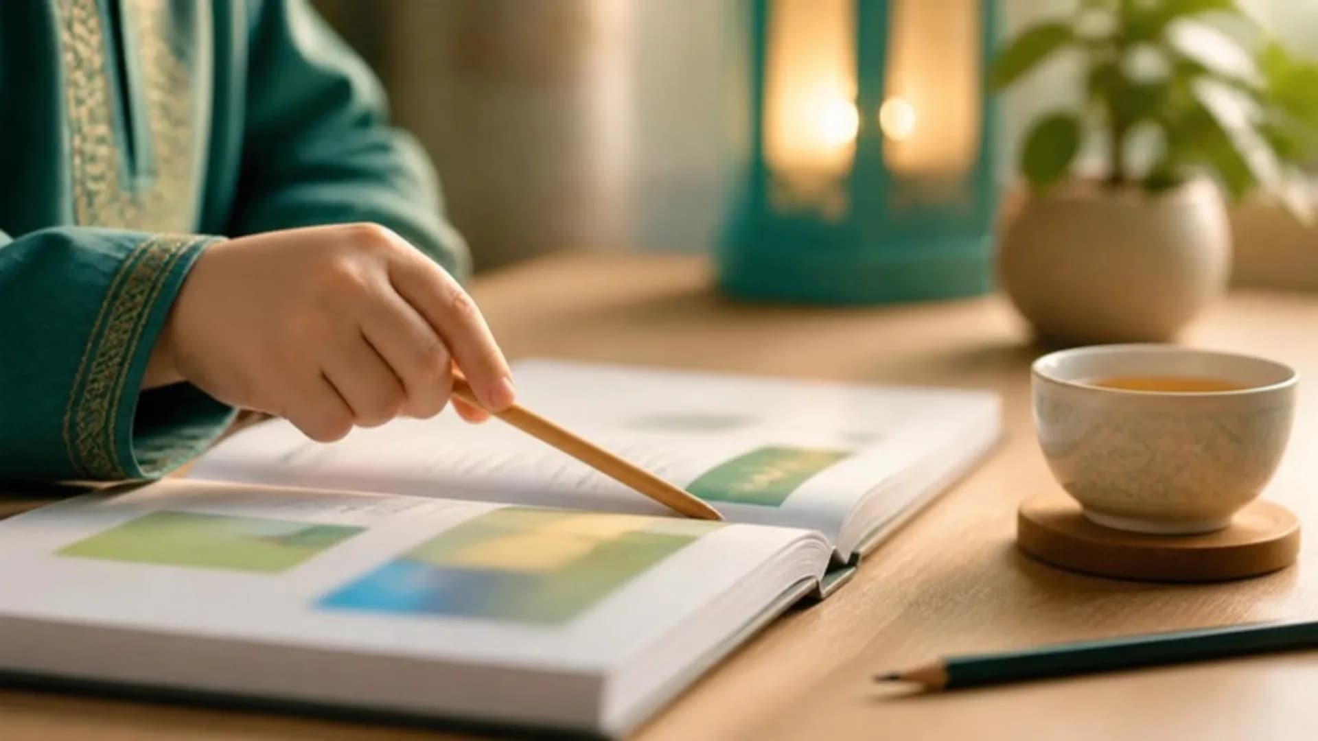 A small hand following a line with a wooden pointer in a Noorani Qaida booklet on a wooden desk