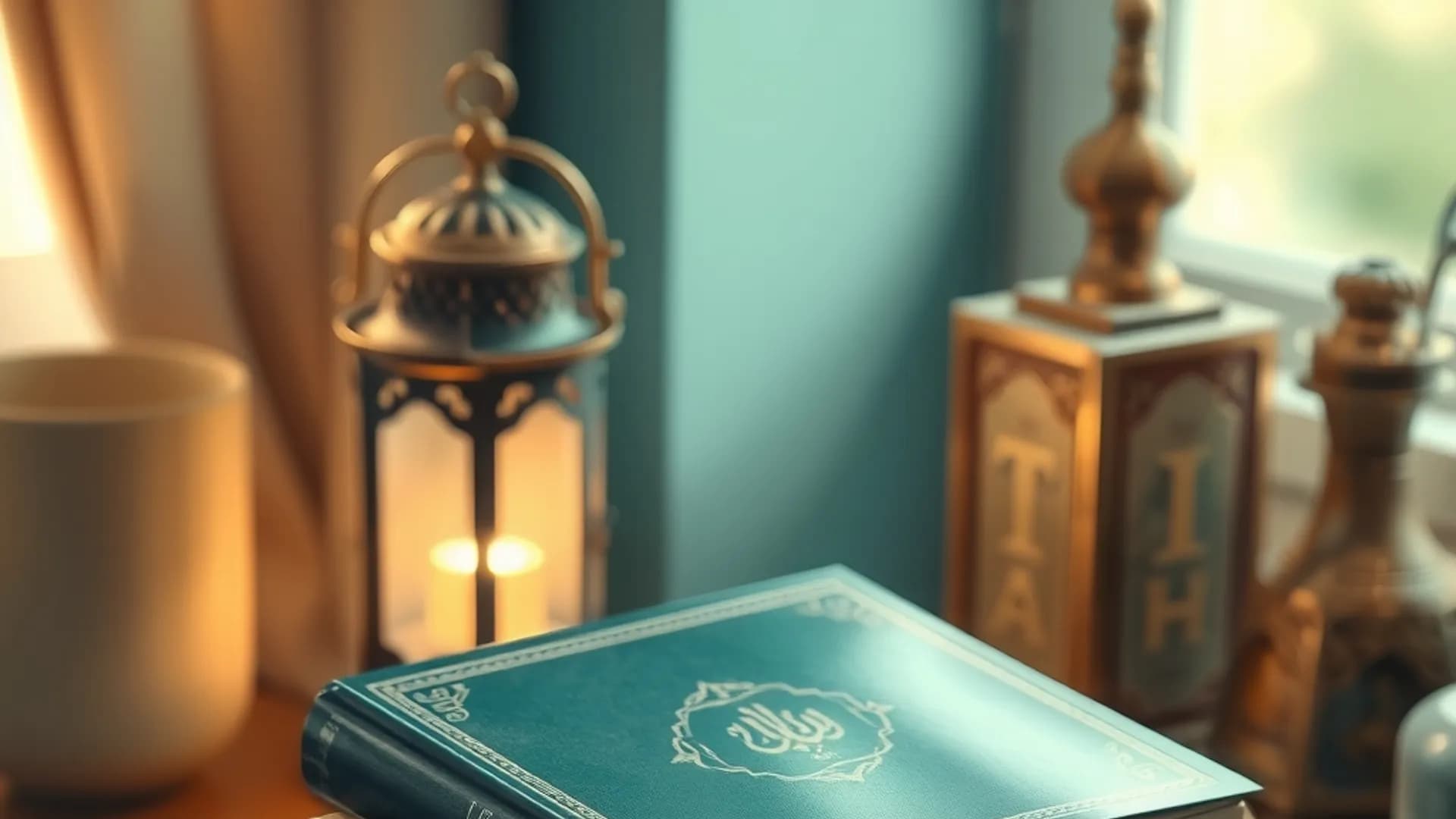 A closed Quran resting on an elegant wooden stand on a quiet desk beside prayer beads and a lantern.