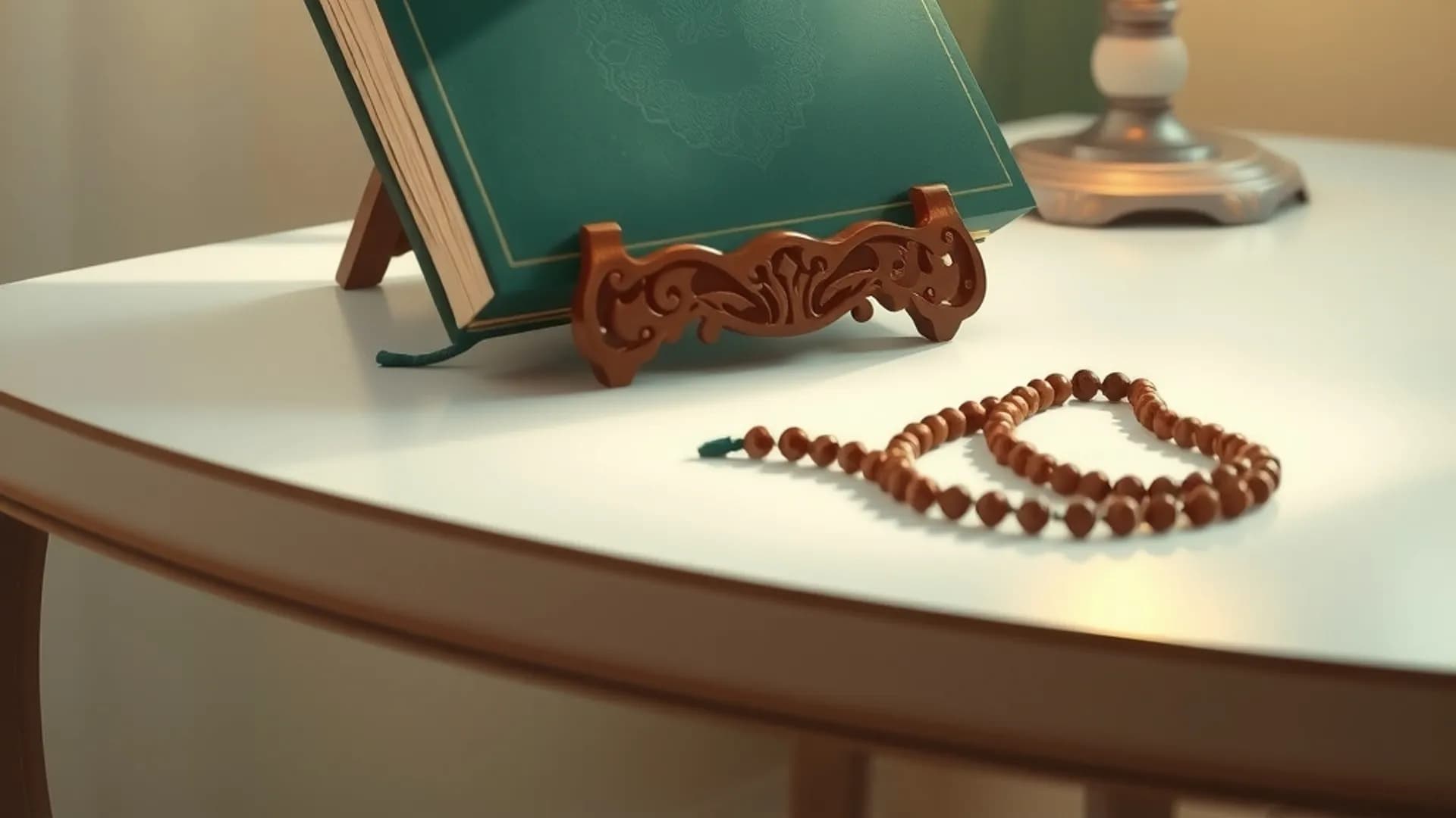 A closed Quran on a carved wooden stand in a quiet study desk illuminated by warm lighting