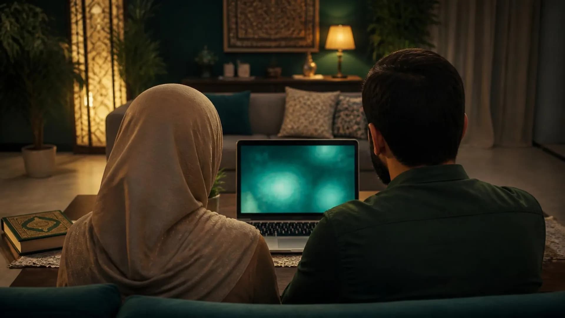 أب وأم من الخلف يتصفّحان معًا على الحاسوب لاختيار منصة قرآن لأبنائهما