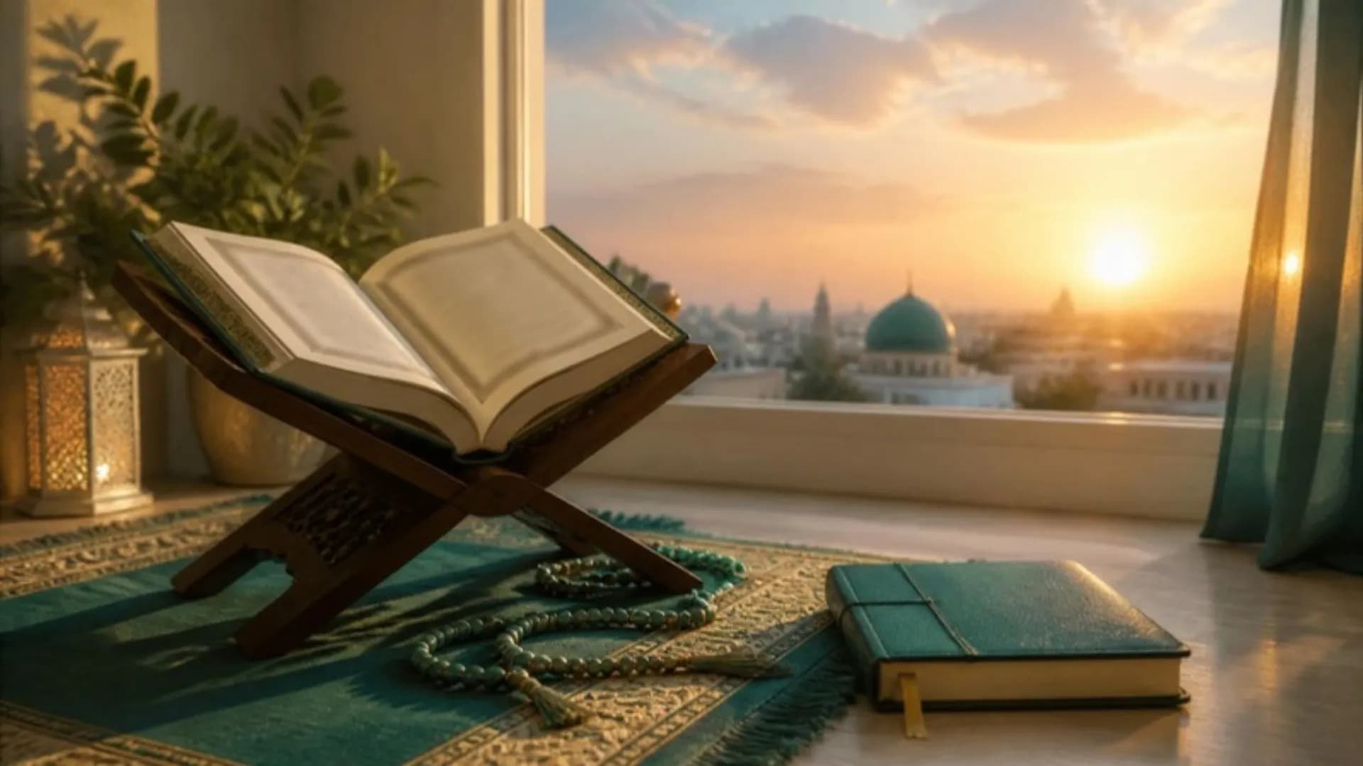 مصحف على حامل خشبي بجوار نافذة عند الفجر مع مسبحة ودفتر مراجعة بعلامات ذهبية