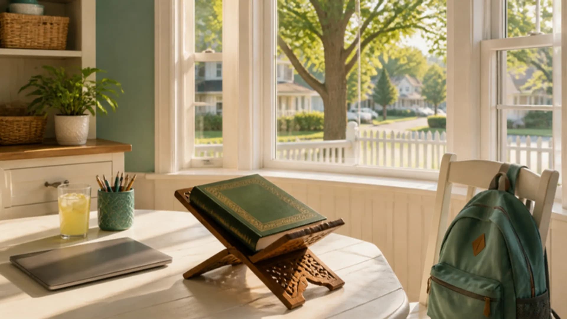 A closed Mushaf on a carved wooden stand on a table in a sunny corner of an American home, with a window overlooking a green lawn, a white picket fence and a tree-lined street