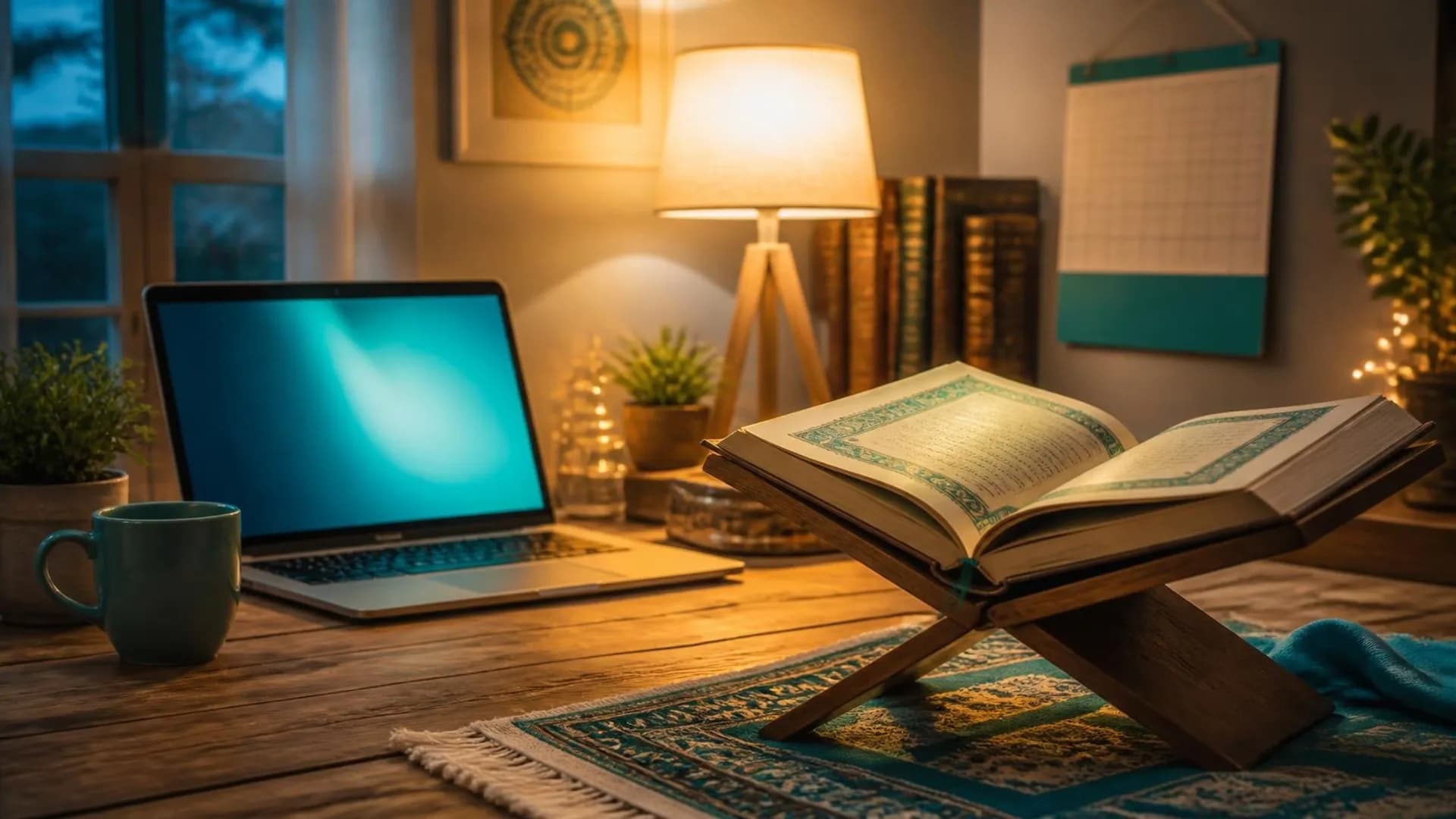 A family desk in the evening with a warm lamp, an open laptop and a calendar, a Mushaf on a wooden stand in front