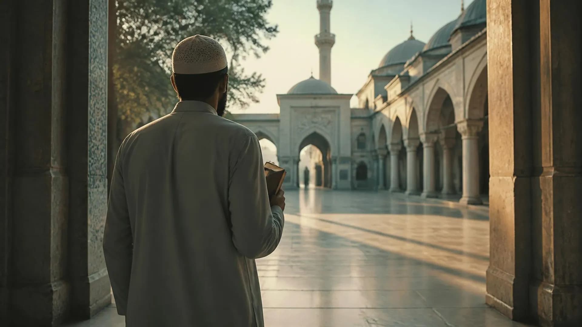 A person seen from behind at the entrance of a light-filled mosque courtyard holding a small book — a confident first step