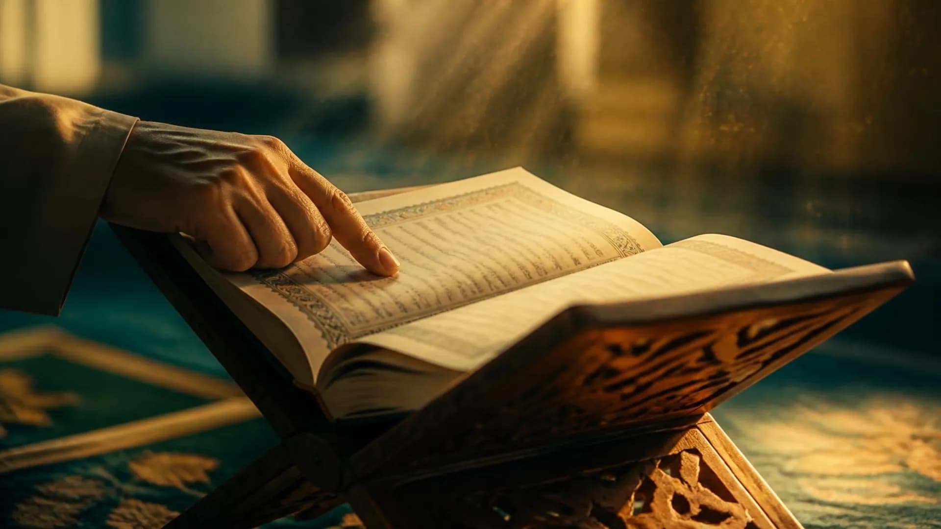 إصبع على صفحة مصحف مفتوح فوق حامل خشبي منقوش مع ضوء ذهبي يوحي بالتلاوة المتقنة