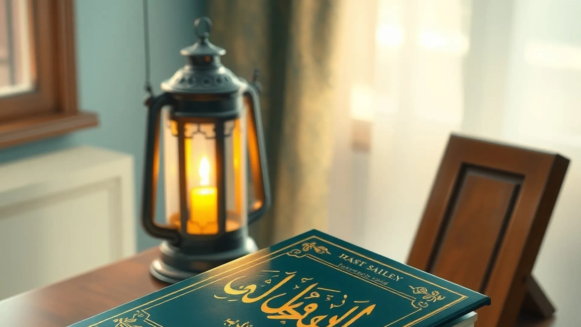 A closed Quran on a wooden stand with a glowing lantern and misbaha on a desk