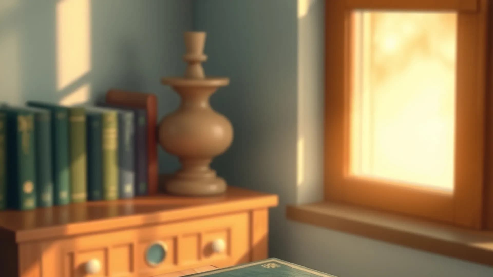 A peaceful study desk with a closed Quran on a wooden stand next to a closed notebook