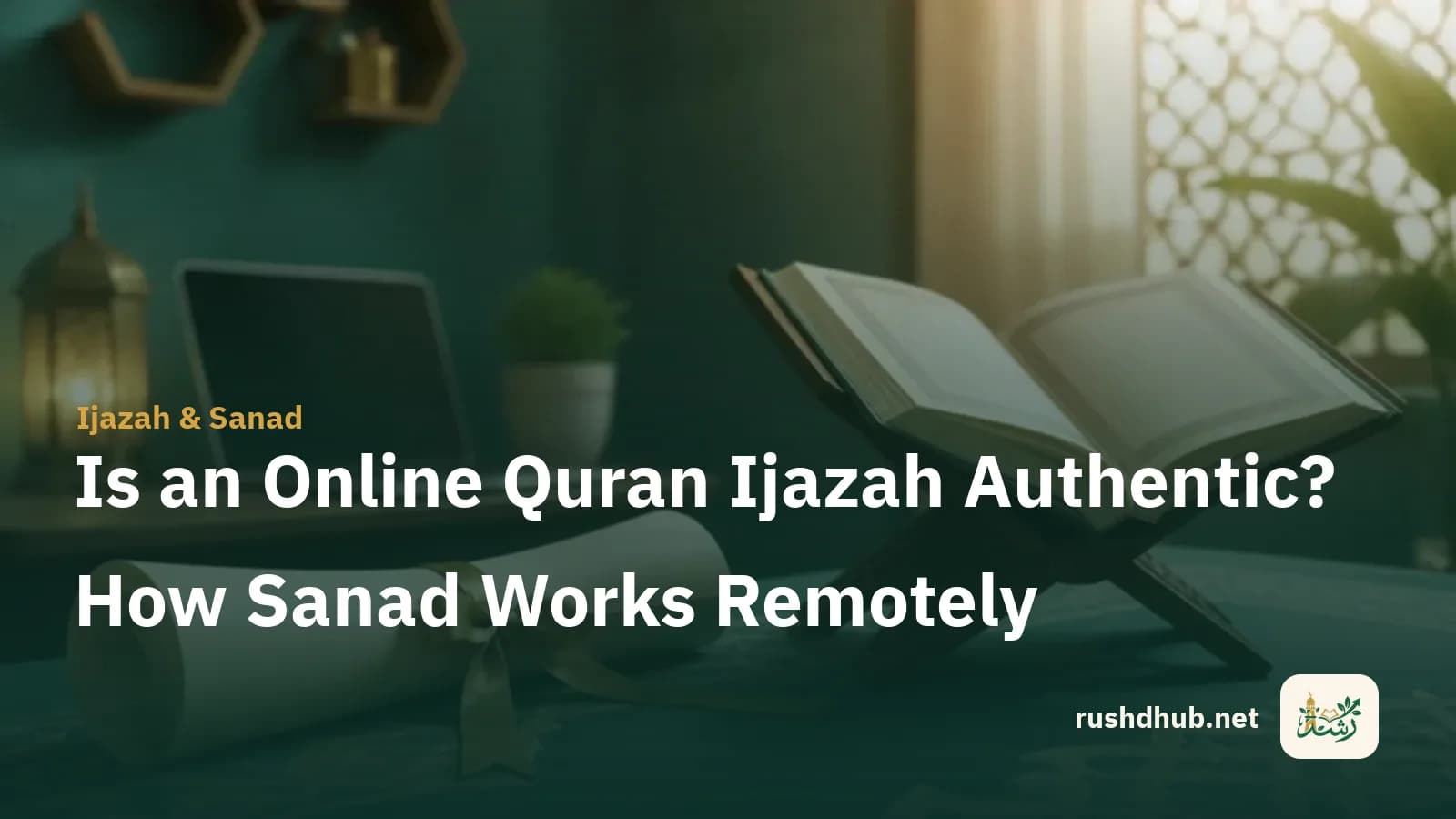 A rolled ijazah scroll tied with a gold ribbon beside an open Mushaf on a carved wooden stand