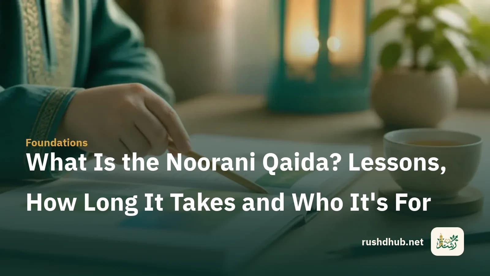 A small hand following a line with a wooden pointer in a Noorani Qaida booklet on a wooden desk